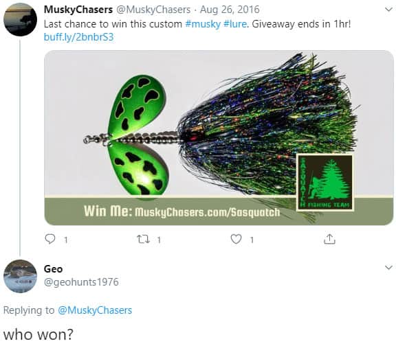 Sasquatch Lure Giveaway Tweet - Who Won - MuskyChasers.com